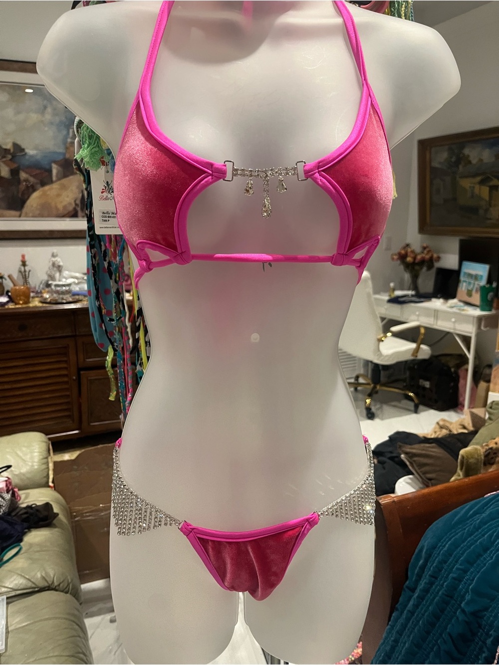 American Vintage Hot Pink Velvet Cutout Bikini with Crystal Fringe